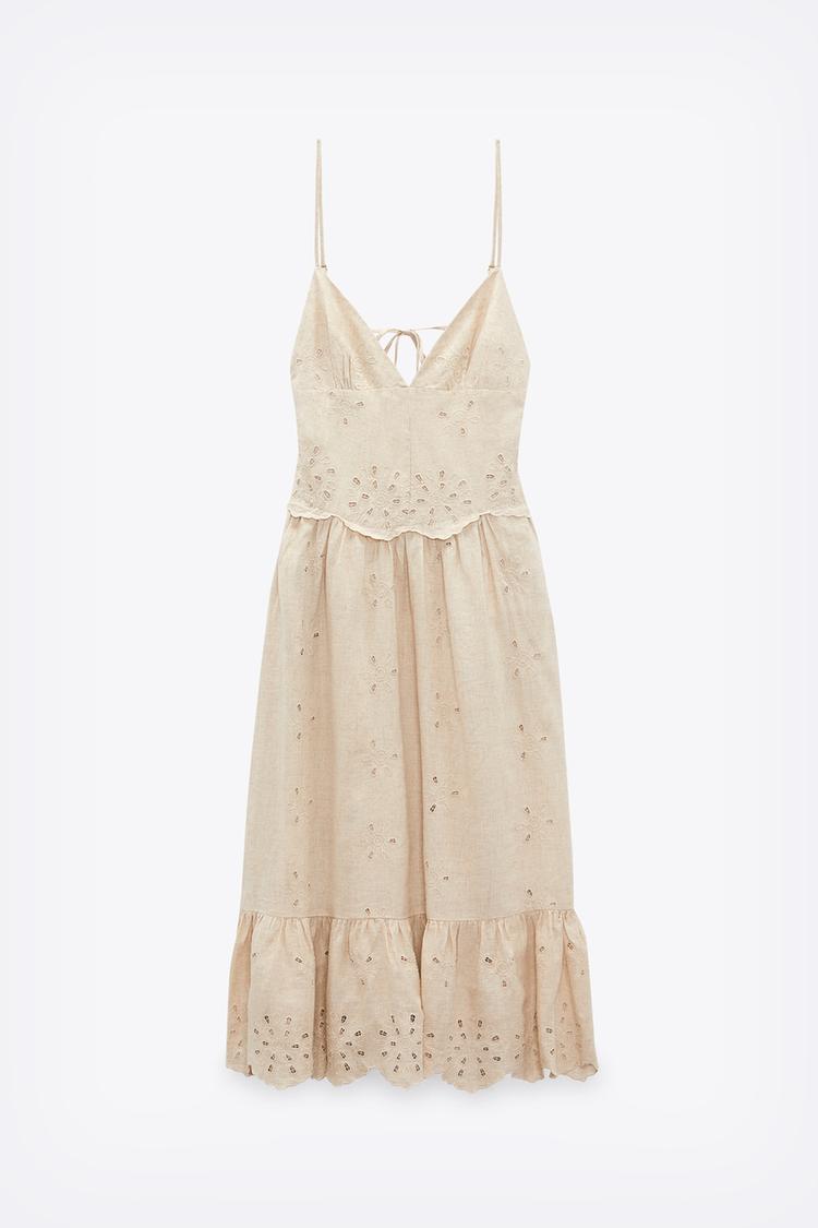 Embroidered Linen Blend Midi Dress Elegance