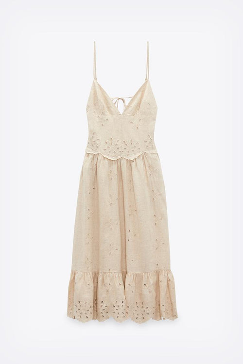 Embroidered Linen Blend Midi Dress Elegance